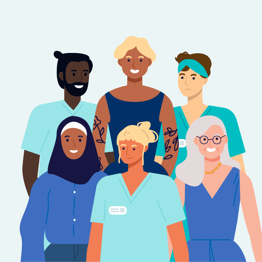 An illustration of a smiling group of nurses diverse in age, race, gender identity and professional attire.