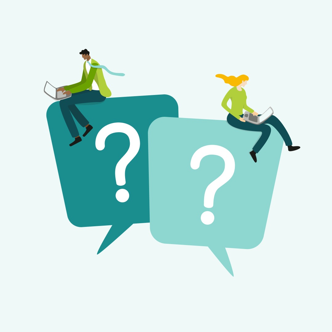 An illustration of miniature-sized people on their laptops sitting on chat bubbles with a question mark inside.