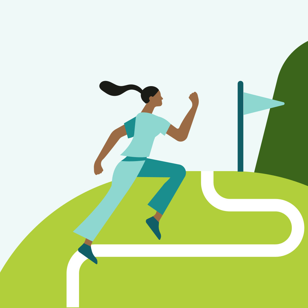 An illustration of a nurse running on a path towards a flag.