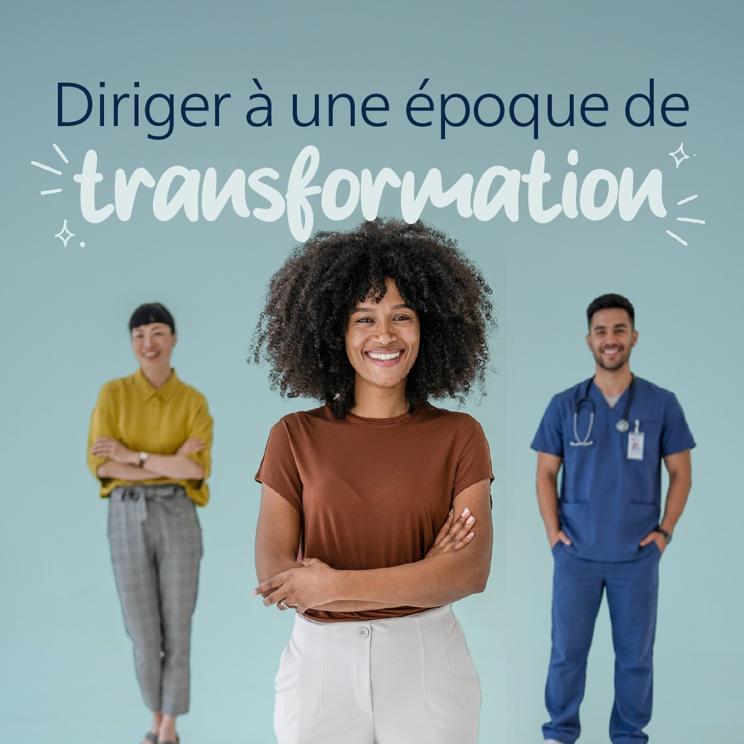 Couverture du rapport annuel 2025 de l’Ordre des infirmières et infirmiers de l’Ontario, intitulé Diriger à une époque de transformation. Une femme souriante [en tenue décontractée] se tient debout avec confiance au premier plan, les bras croisés, tandis que [une femme en tenue de bureau et un homme en tenue médicaux] se tiennent derrière elle. 
