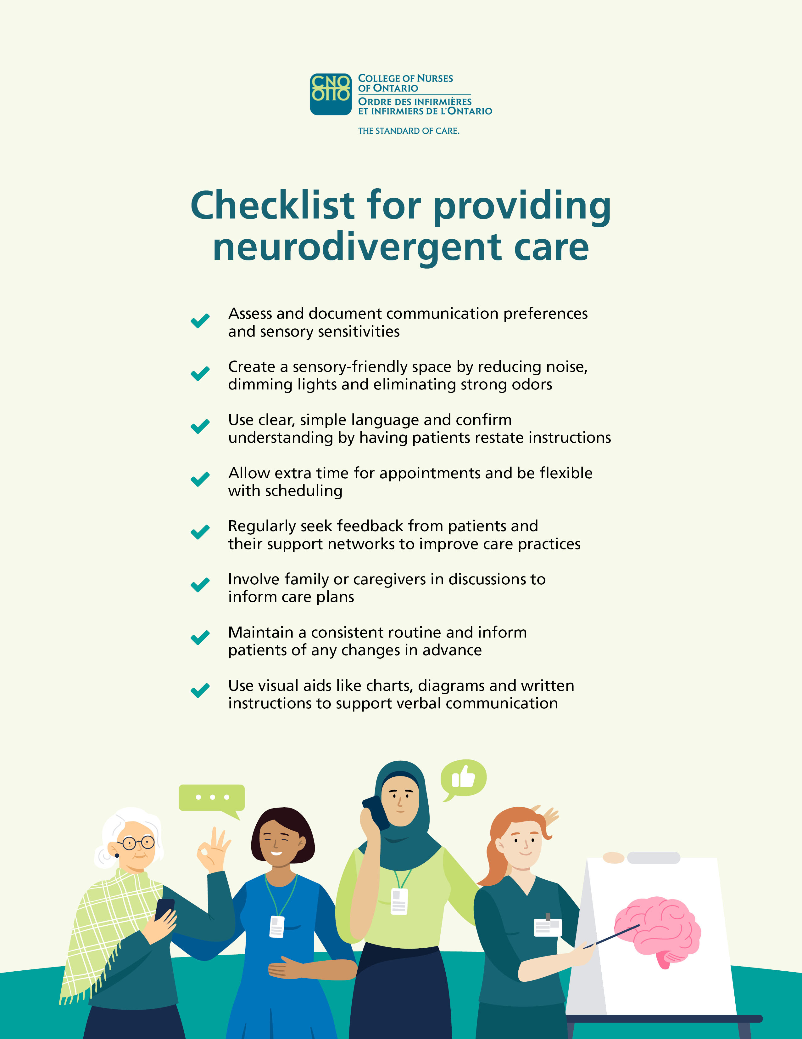 The checklist for providing neurodivergent care accompanied by illustrations of nurses demonstrating the tips.