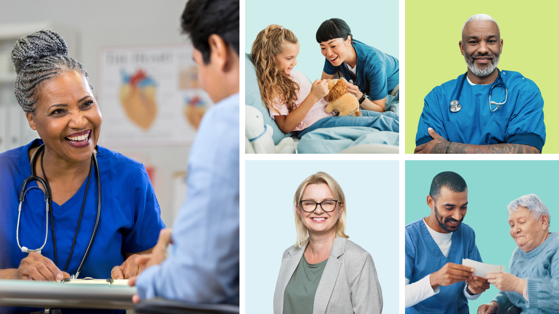 A collage of a diverse group of nurses and patient interactions.