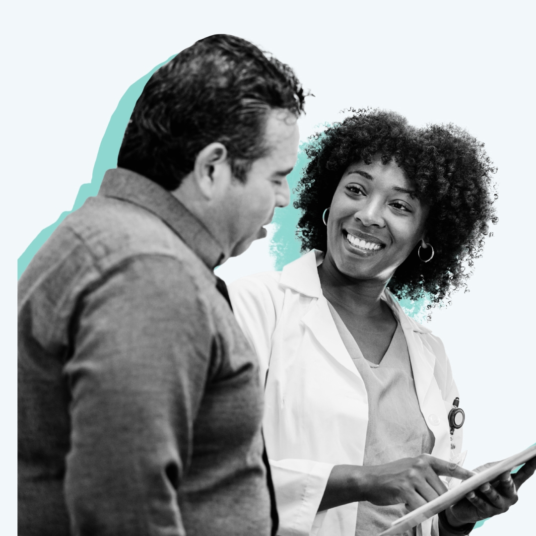 A nurse practitioner talking to an adult patient.